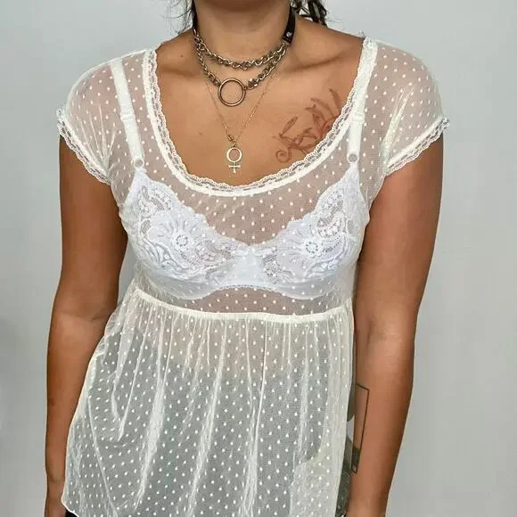 Mesh dot babydoll top white - Picture 3 of 5